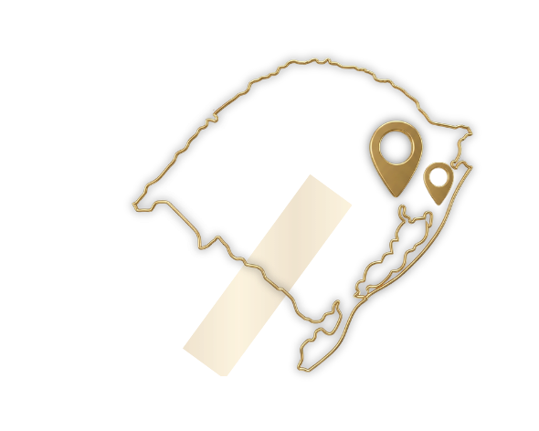 Mapa do Rio Grande do Sul com marcadores de localização representando a área de atuação da SE7E Condomínios em Porto Alegre e no Litoral Norte.